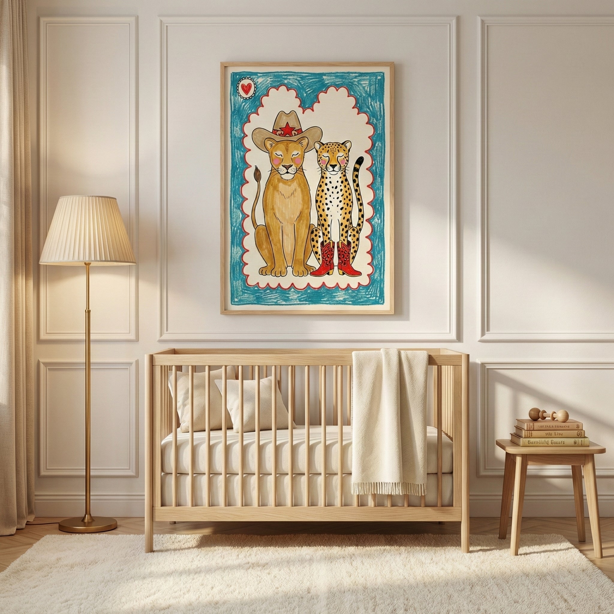 Children’s nursery with a wooden crib and floor lamp, featuring a large framed artwork of a lion in a cowboy hat and a cheetah in red cowboy boots. The whimsical, western-style animal illustration adds a fun and cozy touch to the neutral-toned room.