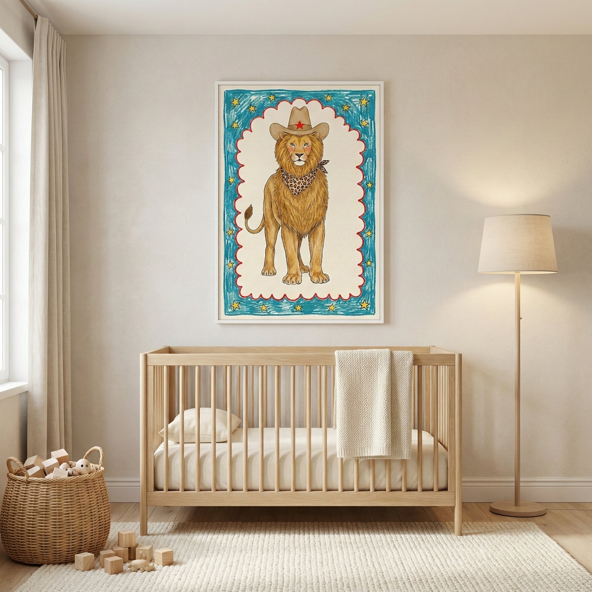 A whimsical framed illustration of a lion wearing a cowboy hat and a leopard-print bandana hangs above a natural wood crib in a bright nursery. The room is completed by a soft cream rug, a tall floor lamp, and a woven basket filled with wooden blocks.