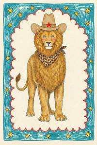 Playful illustration of a lion wearing a tall cowboy hat with a red star and a leopard-print bandana around its neck. The lion stands confidently against a cream background, framed by a blue crayon-textured border decorated with yellow stars and a red scalloped edge.