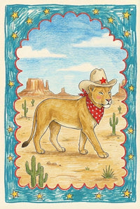 Illustration of a lion wearing a cowboy hat with a red star and a red bandana with white stars, walking confidently through a desert landscape with cacti and mesas in the background. The scene is framed with a blue scalloped border decorated with yellow stars, adding a playful Western theme.