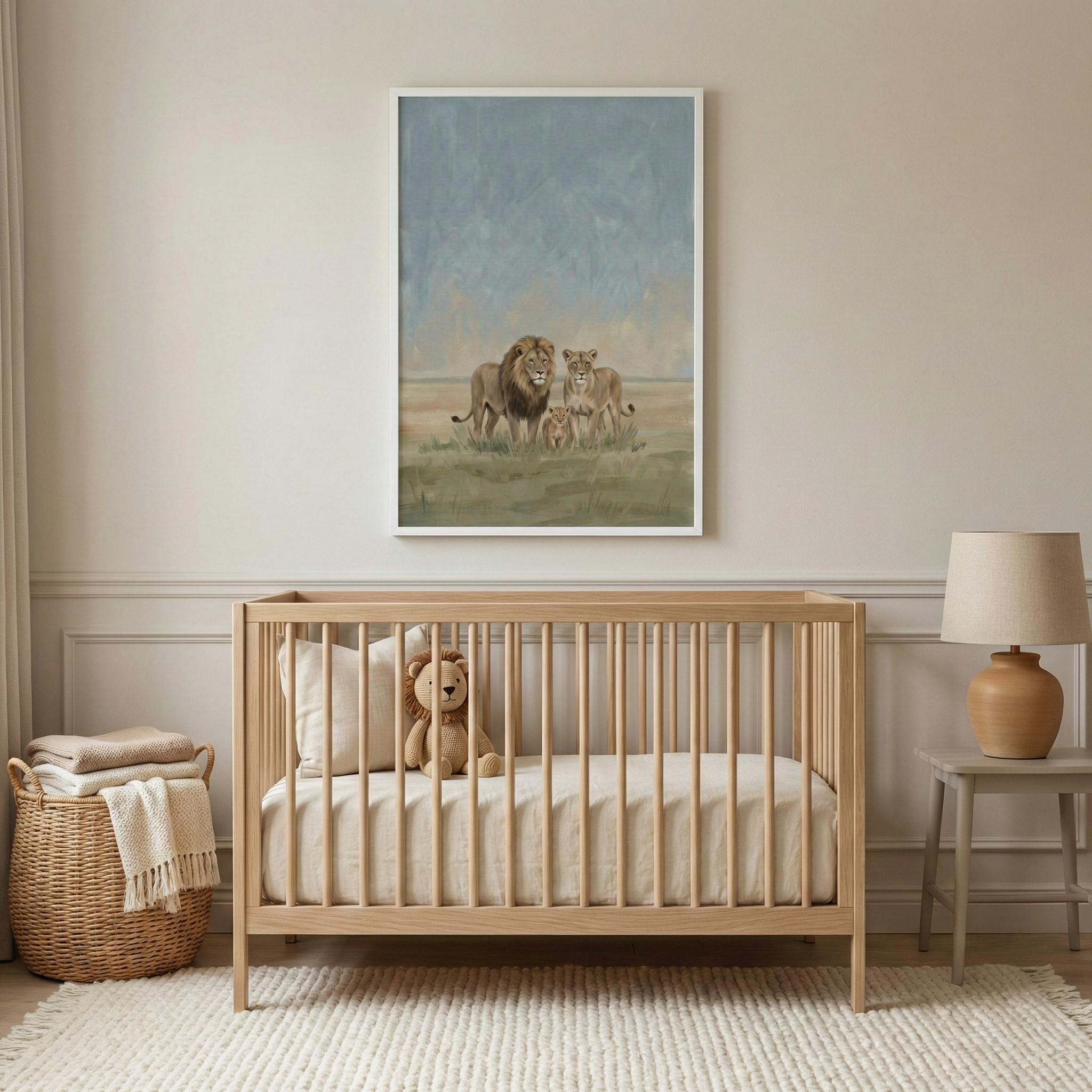 A neutral-toned nursery centered around a light wood crib. Above the crib hangs a large, white-framed artwork depicting a family of three lions—a male with a mane, a female, and a cub—in a grassy field under a soft blue sky. Inside the crib, a small stuffed lion toy sits next to a cream-colored pillow. To the left of the crib is a tall wicker basket filled with folded textiles. To the right, a minimalist wooden side table holds a lamp with a rounded terracotta base and a neutral shade. 