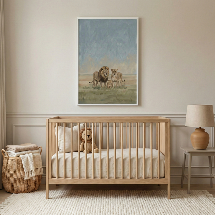 A neutral-toned nursery centered around a light wood crib. Above the crib hangs a large, white-framed artwork depicting a family of three lions—a male with a mane, a female, and a cub—in a grassy field under a soft blue sky. Inside the crib, a small stuffed lion toy sits next to a cream-colored pillow. To the left of the crib is a tall wicker basket filled with folded textiles. To the right, a minimalist wooden side table holds a lamp with a rounded terracotta base and a neutral shade. 