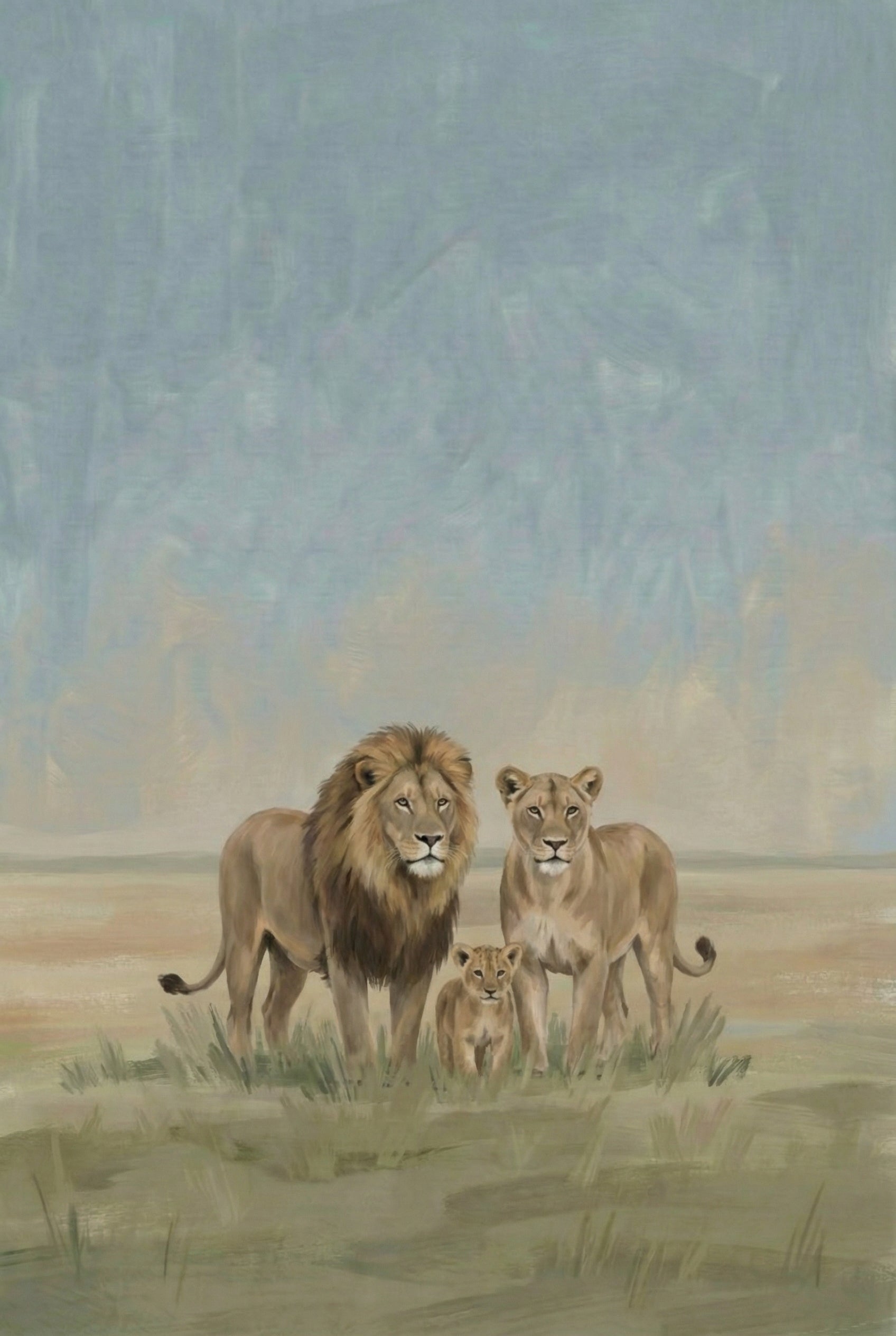 A lion, lioness, and their cub stand closely together in tall grass, gazing calmly forward. The soft, pastel tones in the background add warmth to the family-centered composition.

