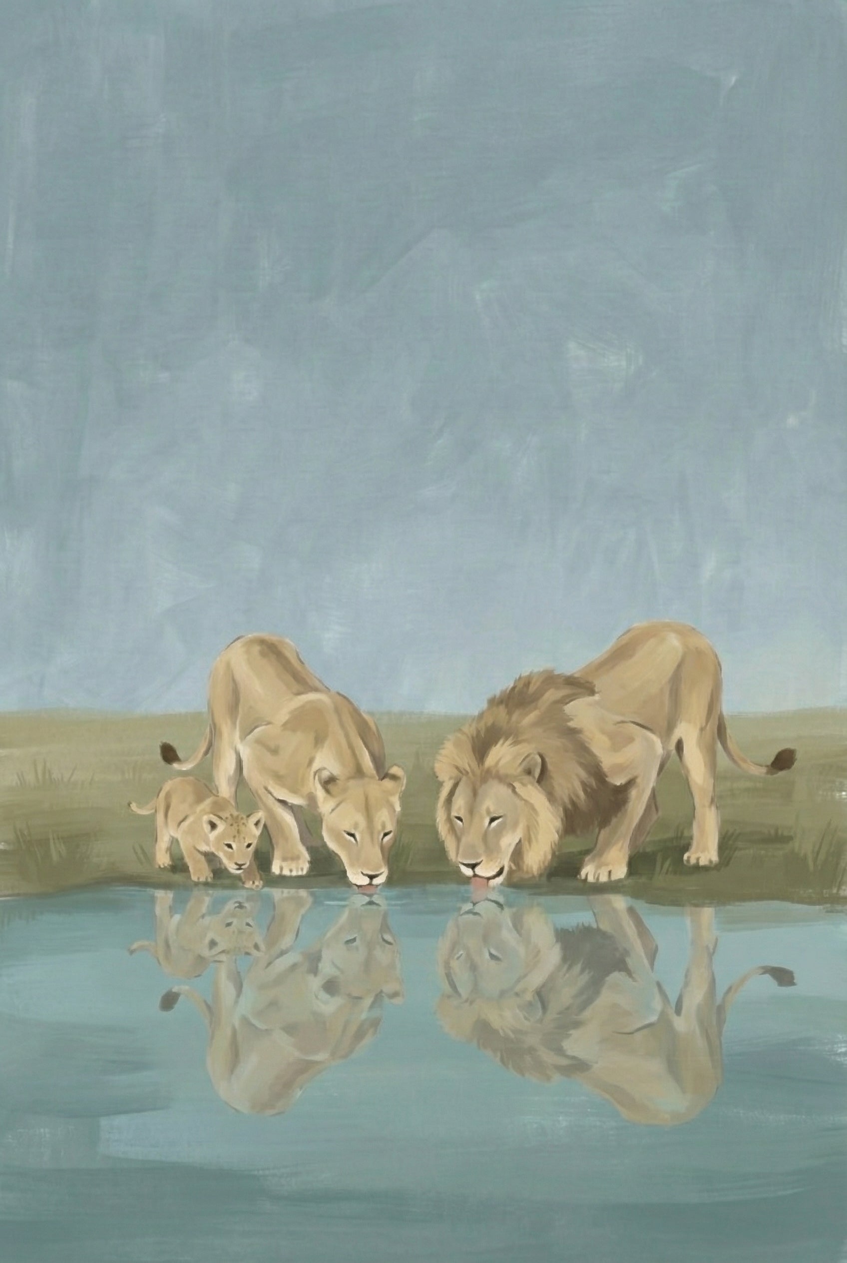 Lion Family Muted Neutral Tones Wall Art - Savanna Water Mirror