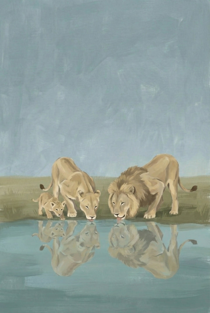 A lion, lioness, and cub drink from a calm waterhole, their reflections mirrored clearly in the blue surface below. The soft savannah backdrop enhances the tranquil family moment.

