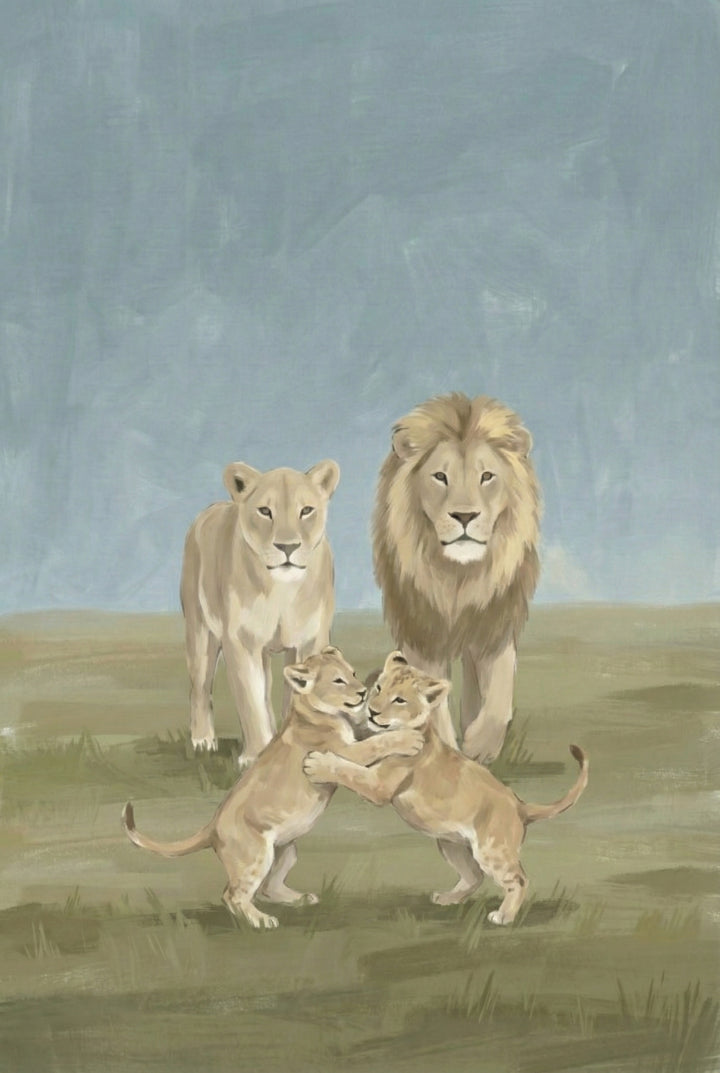 Two lion cubs embrace playfully in the foreground while their parents stand watch behind them. The light brushwork and soft blue sky give the painting a warm family feel.
