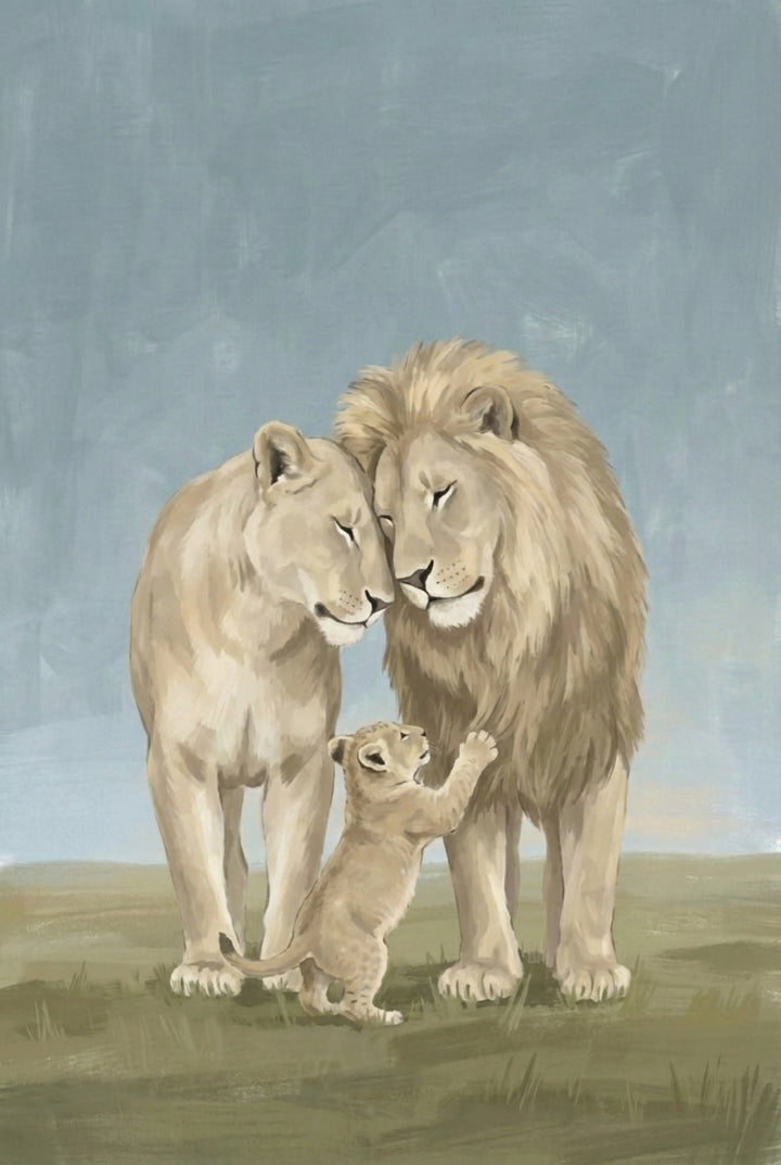 A young lion cub reaches up to touch the mane of its father as both lion parents lower their heads affectionately, creating a heartwarming moment.
