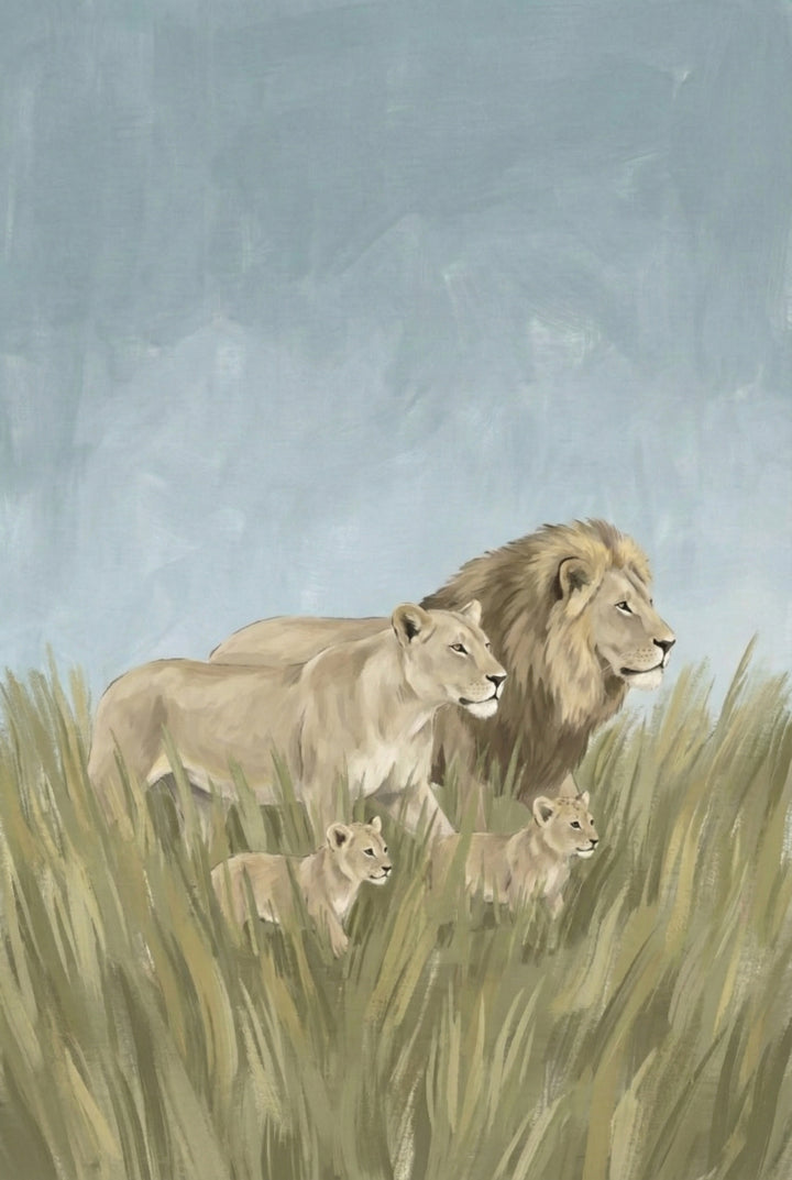 A lion, lioness, and two cubs stand alert in golden grass, gazing into the distance. The family grouping is unified and serene against a pale sky.

