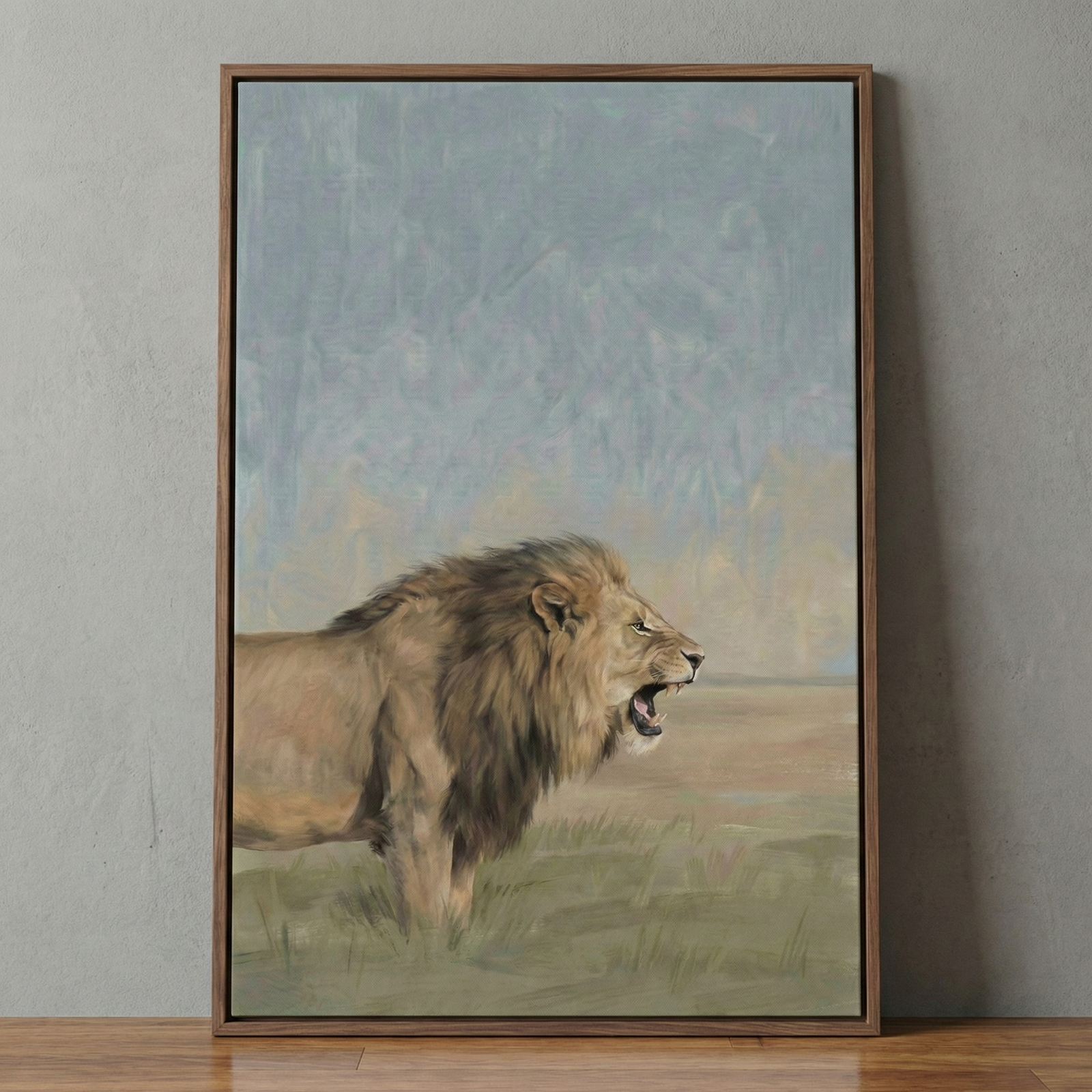A digital artwork of a powerful male lion with a voluminous mane, captured in profile against a minimalist savanna backdrop. The creature's mouth is slightly parted, revealing its teeth in a subtle roar. The style is defined by visible, textured brushwork and an atmospheric, hazy quality. The colors are natural and understated, featuring shades of sand, gold, and deep umber for the animal, set against a vast sky of muted blue and soft gray washes.