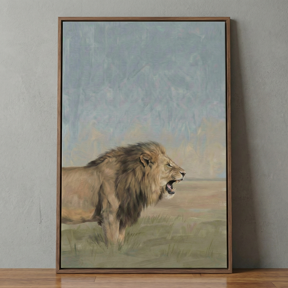 A digital artwork of a powerful male lion with a voluminous mane, captured in profile against a minimalist savanna backdrop. The creature's mouth is slightly parted, revealing its teeth in a subtle roar. The style is defined by visible, textured brushwork and an atmospheric, hazy quality. The colors are natural and understated, featuring shades of sand, gold, and deep umber for the animal, set against a vast sky of muted blue and soft gray washes.