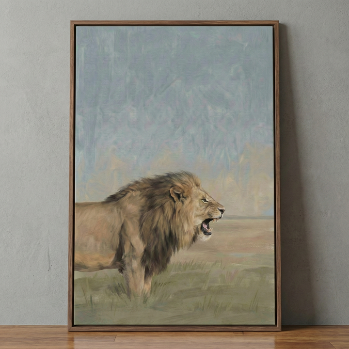 A digital artwork of a powerful male lion with a voluminous mane, captured in profile against a minimalist savanna backdrop. The creature's mouth is slightly parted, revealing its teeth in a subtle roar. The style is defined by visible, textured brushwork and an atmospheric, hazy quality. The colors are natural and understated, featuring shades of sand, gold, and deep umber for the animal, set against a vast sky of muted blue and soft gray washes.