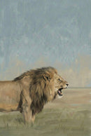 A powerful male lion stands with his mouth open mid-roar, showing his sharp teeth. The background features a hazy savanna with soft blues and tans.

