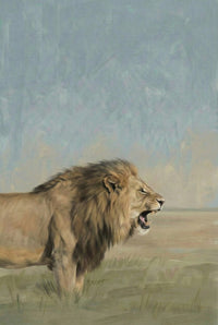 A powerful male lion stands with his mouth open mid-roar, showing his sharp teeth. The background features a hazy savanna with soft blues and tans.

