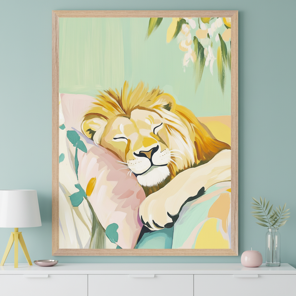 Modern room with a white dresser. A large, light wood-framed painting of a sleeping lion on a pink pillow with abstract floral patterns hangs centered above the dresser. A white lamp, pink dish, pink candle, and vase with leaves are on the dresser.