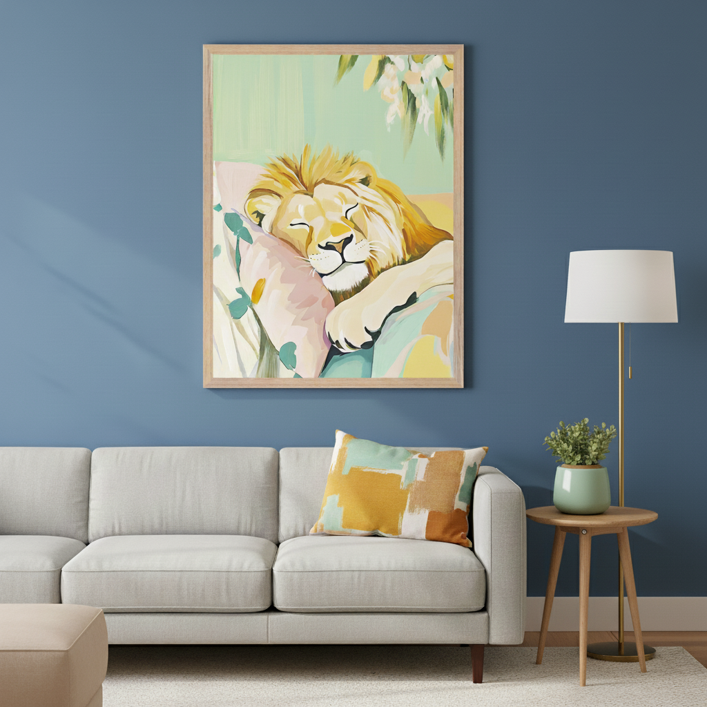 Modern living room with a blue wall, light gray sofa, and beige ottoman. A large framed painting of a sleeping lion on a pink pillow hangs above the sofa.