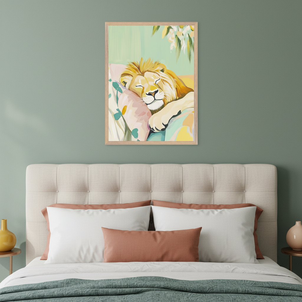 Bedroom with a light fabric tufted headboard bed. A framed painting of a sleeping lion with closed eyes, in a colorful, illustrative style, hangs centered above the bed on a green wall.