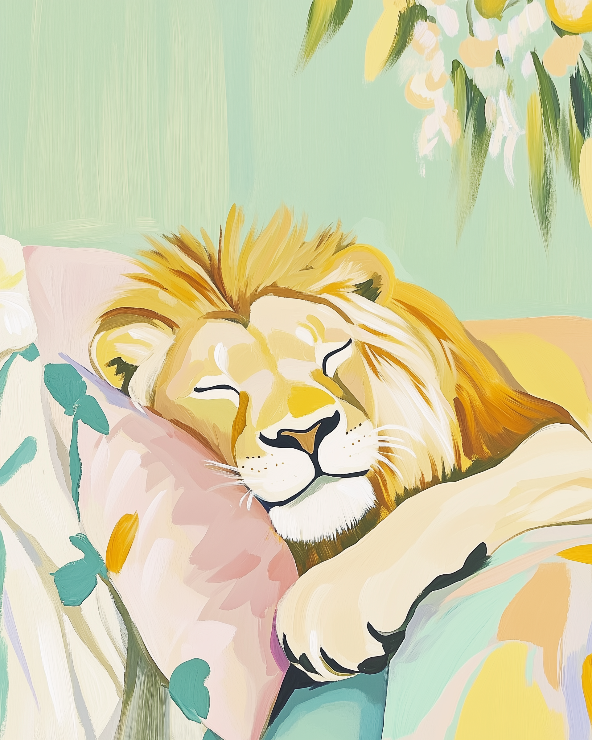 A peaceful digital painting of a lion resting its head on a pink pillow with floral patterns. The artwork uses soft pastel colors and gentle brush strokes to create a cozy, calming mood suitable for both kids and adults.
