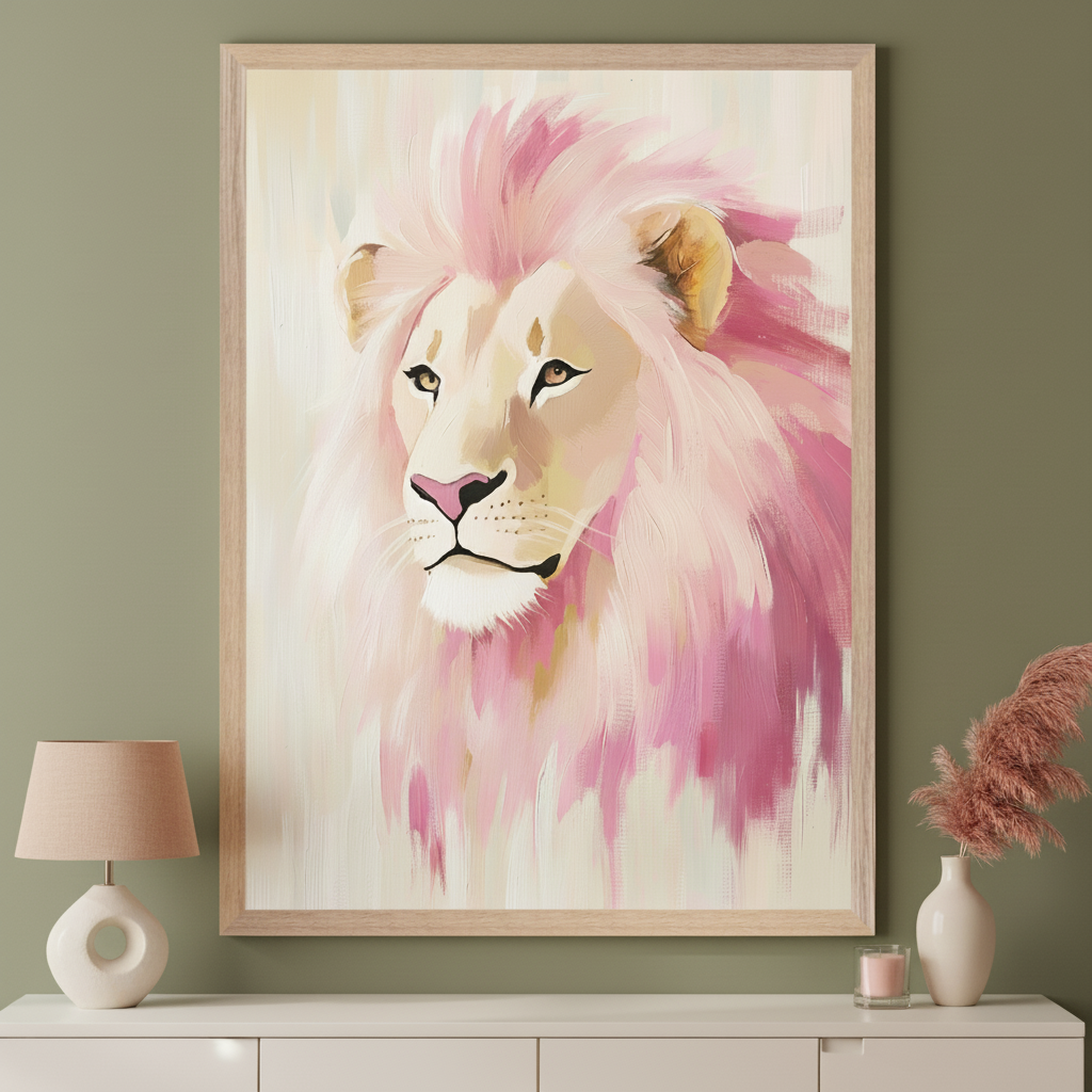 Modern room with a white dresser against a sage green wall. A large vertical framed painting of a white lion with a pink brushstroke mane hangs above the dresser. A beige lamp and a vase with pampas grass are on the dresser.