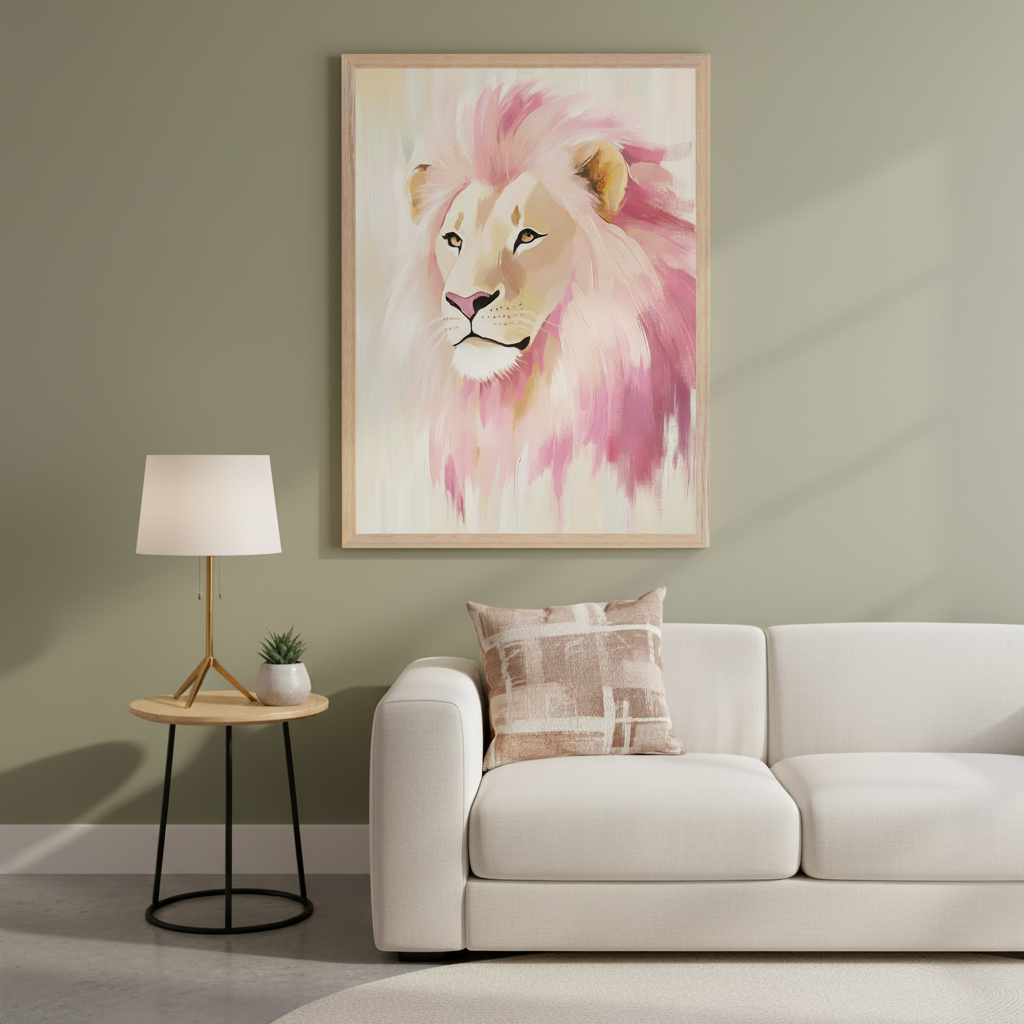 Modern living room with a white sofa and side table. A large framed painting of a white lion with a pink, expressive brushstroke mane hangs centered above the sofa.
