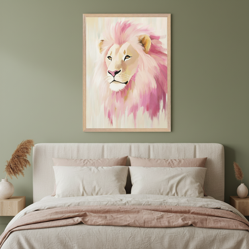 Modern bedroom with a bed with a beige headboard. A large framed painting of a white lion with a pink mane in a painterly style hangs centered above the bed against a green wall. Neutral bedding and light wood nightstands are visible.