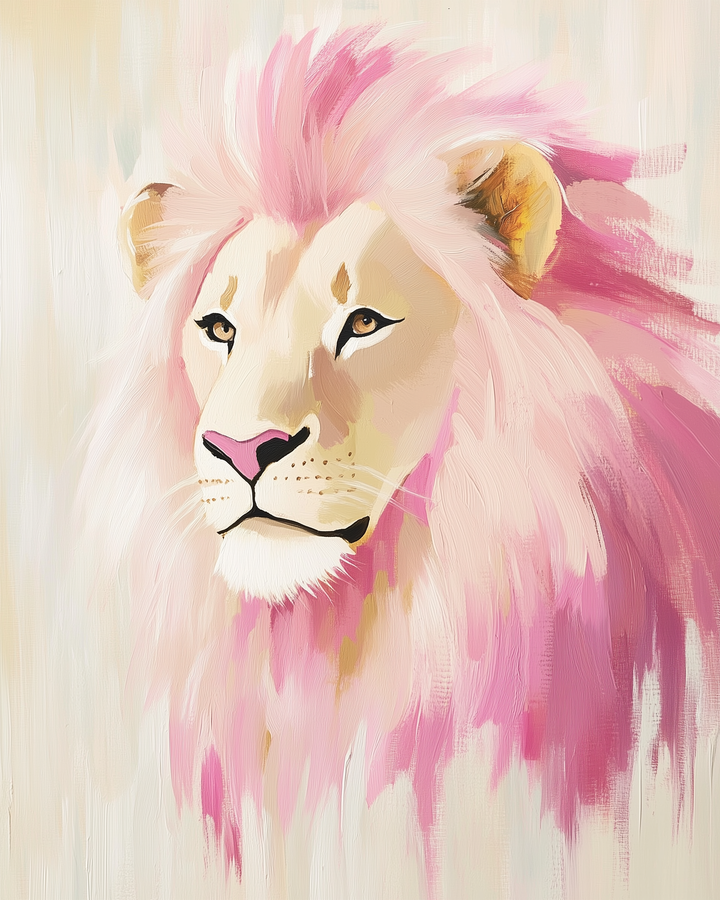 A striking digital painting of a lion with a flowing pink mane against a neutral backdrop. The soft brushstrokes and unexpected color palette give the majestic animal a dreamy, magical appearance.
