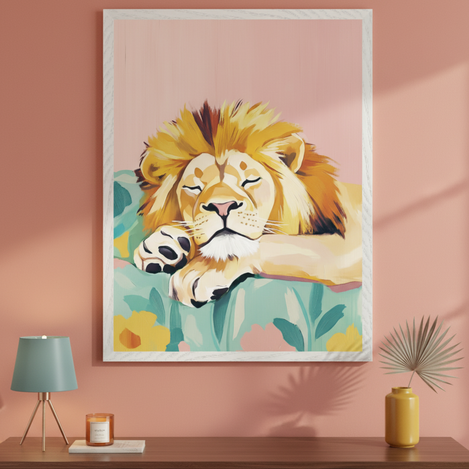 Contemporary room with a peach wall and dark wooden dresser. A large framed illustrative painting of a sleeping lion on a floral teal background hangs above the dresser. A teal lamp, candle, and yellow vase with a dried leaf are on the dresser.
