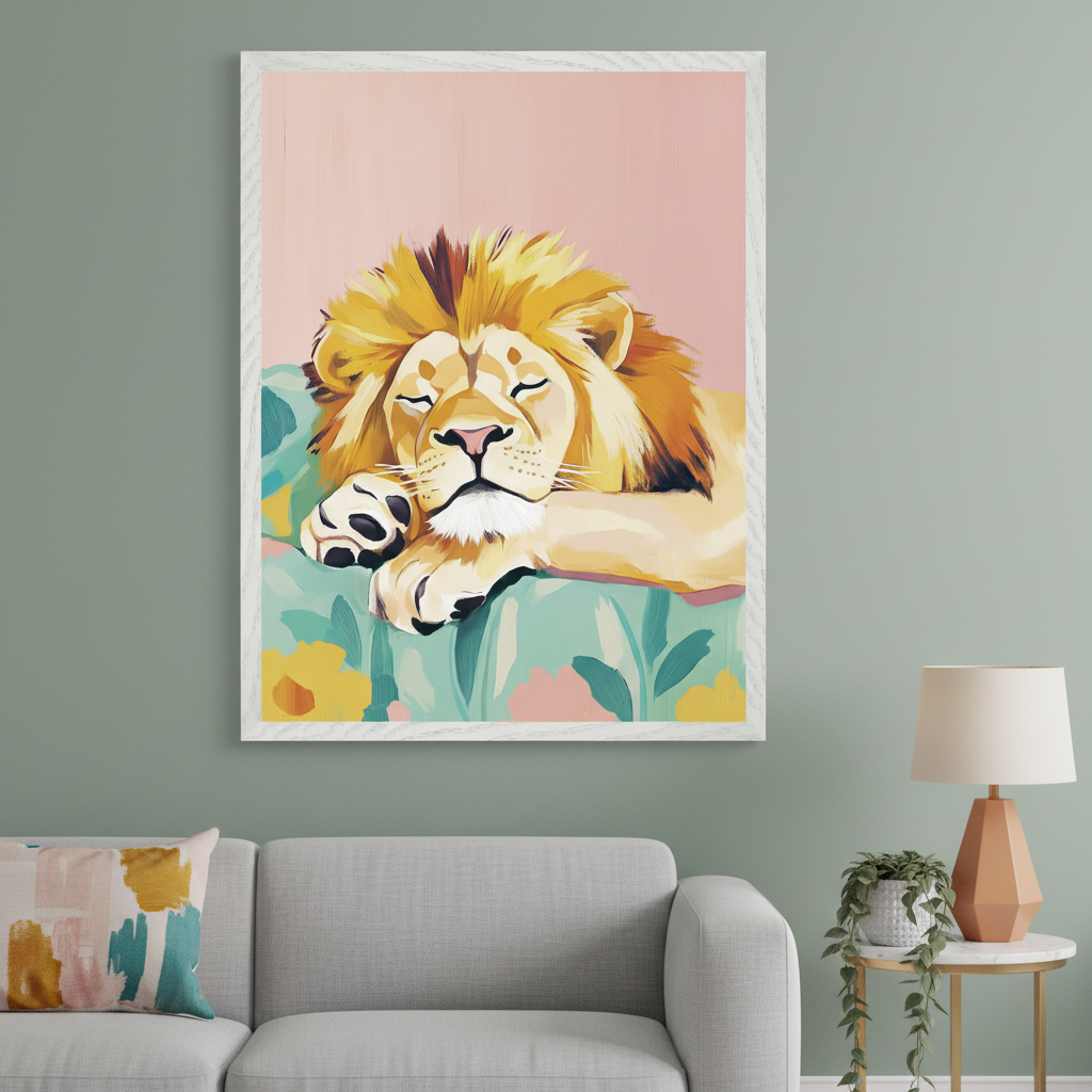 Modern living room with a gray sofa and a side table with a lamp. A large framed, stylized painting of a sleeping lion hangs above the sofa. The lion is yellow, on a teal floral pattern, against a pink background.