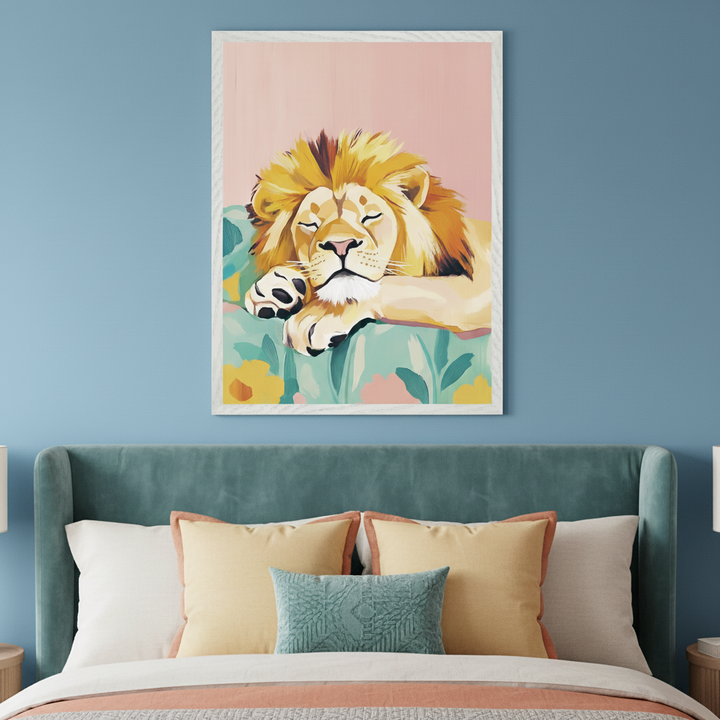 Modern bedroom with a blue wall and teal velvet bed. A large framed illustration of a sleeping golden-maned lion resting on a floral teal surface hangs centered above the bed.