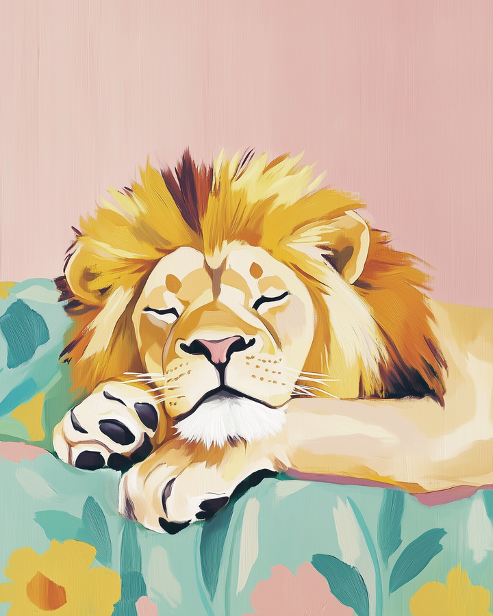 A golden lion peacefully naps with its head resting on a floral-patterned blanket against a soft pink background. The warm tones and relaxed pose make the image feel cozy and gentle.
