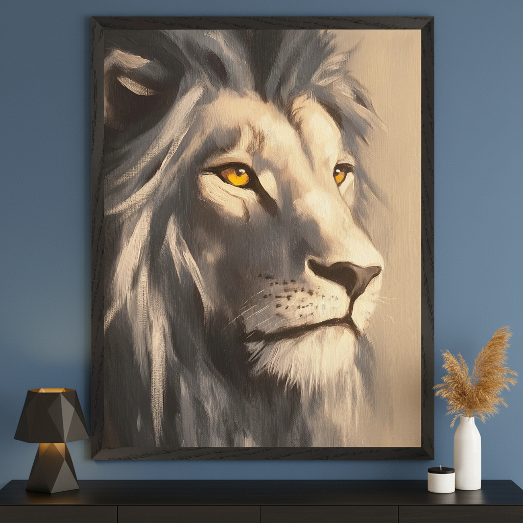 Modern room with a large framed canvas painting of a white lion with yellow eyes, looking right, centered above a black console table. A black geometric lamp, white vase with pampas grass, and a candle are on the table.
