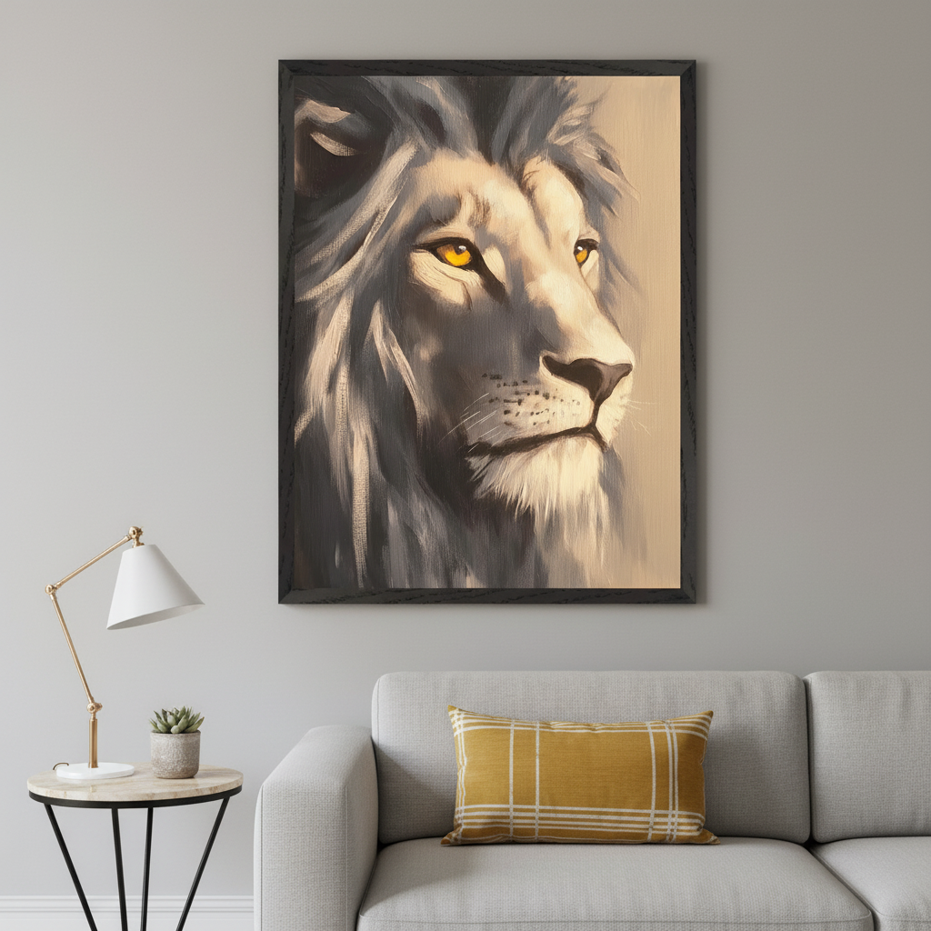 Modern living room with a gray sofa and side table. A large framed, painterly portrait of a white lion's head with bright yellow eyes and a dark mane hangs above the sofa.