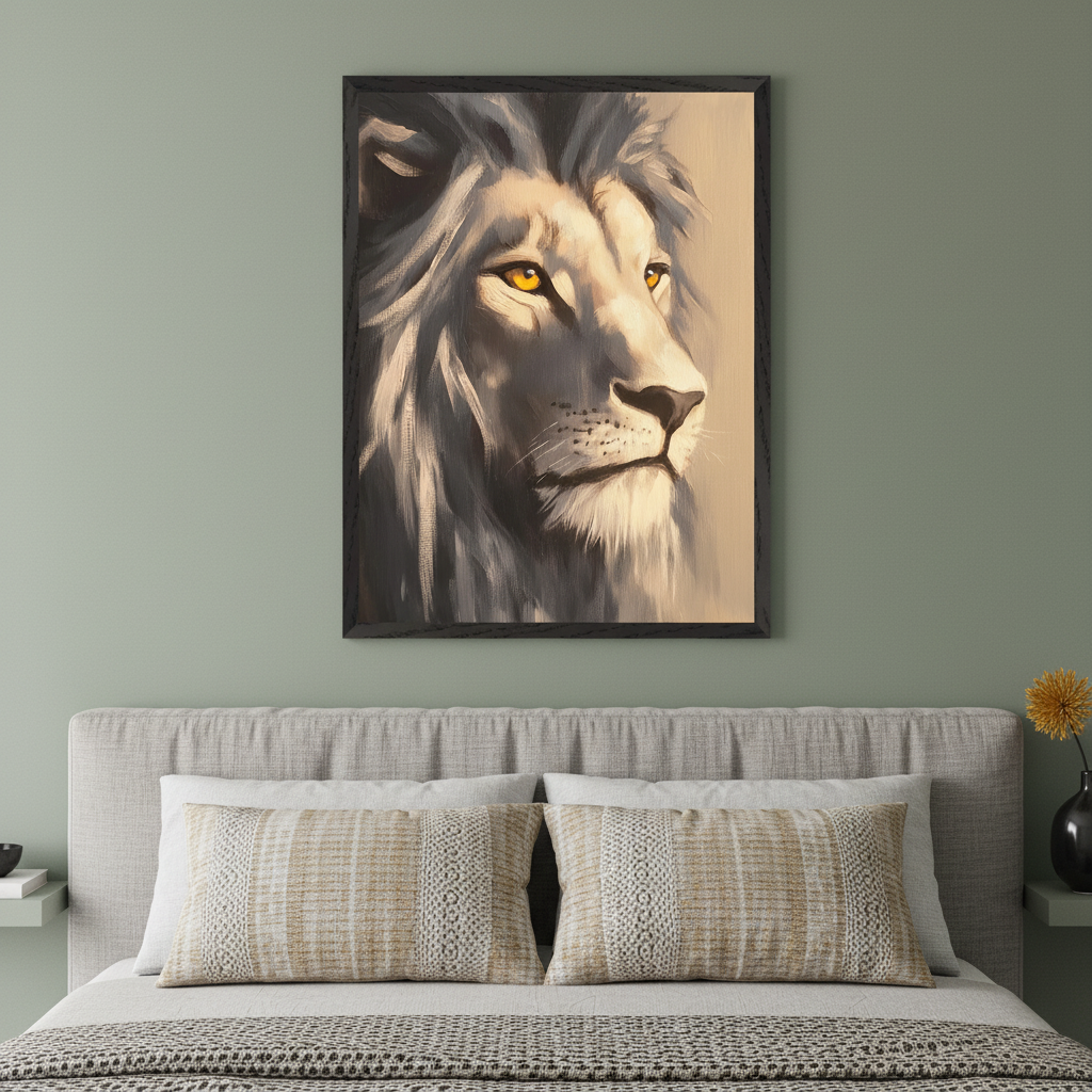 Modern bedroom with a bed with a light grey upholstered headboard. A framed painterly portrait of a white lion with yellow eyes, facing right, hangs centered above the bed.
