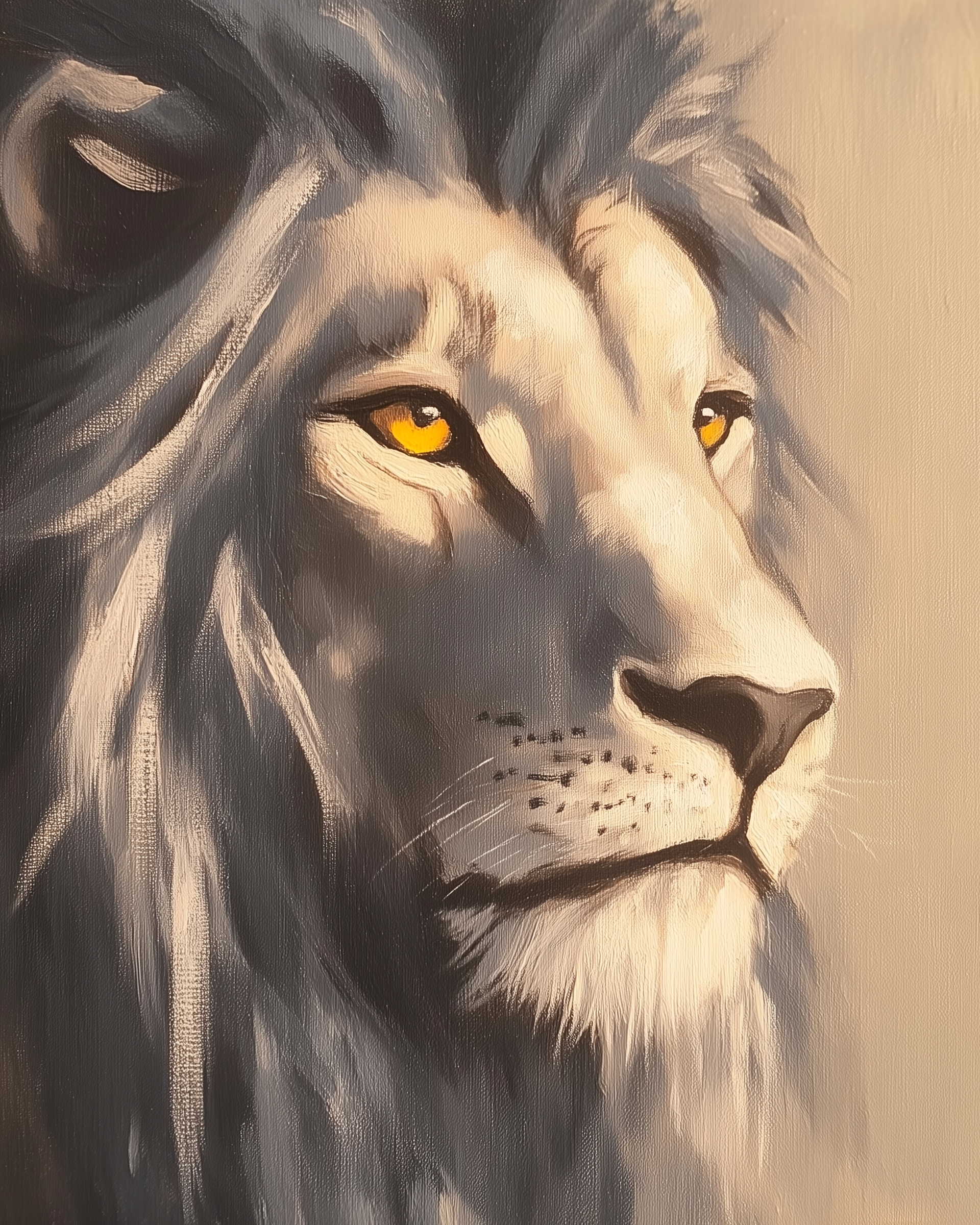 Close-up oil painting of a lion’s face with intense amber eyes and a golden mane lit by soft sunlight, capturing strength and calmness

