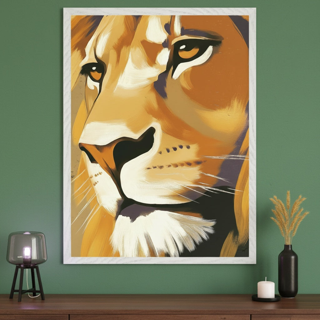Modern room with a dark wood console table. A large framed abstract lion portrait, featuring gold, orange, and cream brushstrokes, hangs centered above the table on a green wall. A lamp, candle, and vase with wheat stalks are on the table.