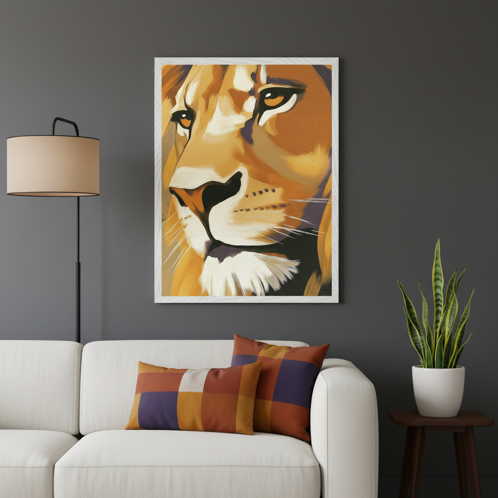 Modern living room with a white sofa. A large framed abstract close-up painting of a lion's face in orange and brown tones hangs above the sofa. Two patterned throw pillows are on the sofa, a floor lamp stands left, and a snake plant is on a side table right.