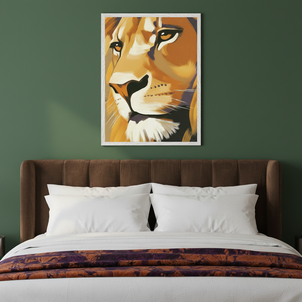 Modern bedroom with a brown headboard bed. A framed, painterly portrait of a lion's face in warm tones hangs centered on the dark green wall above the bed.