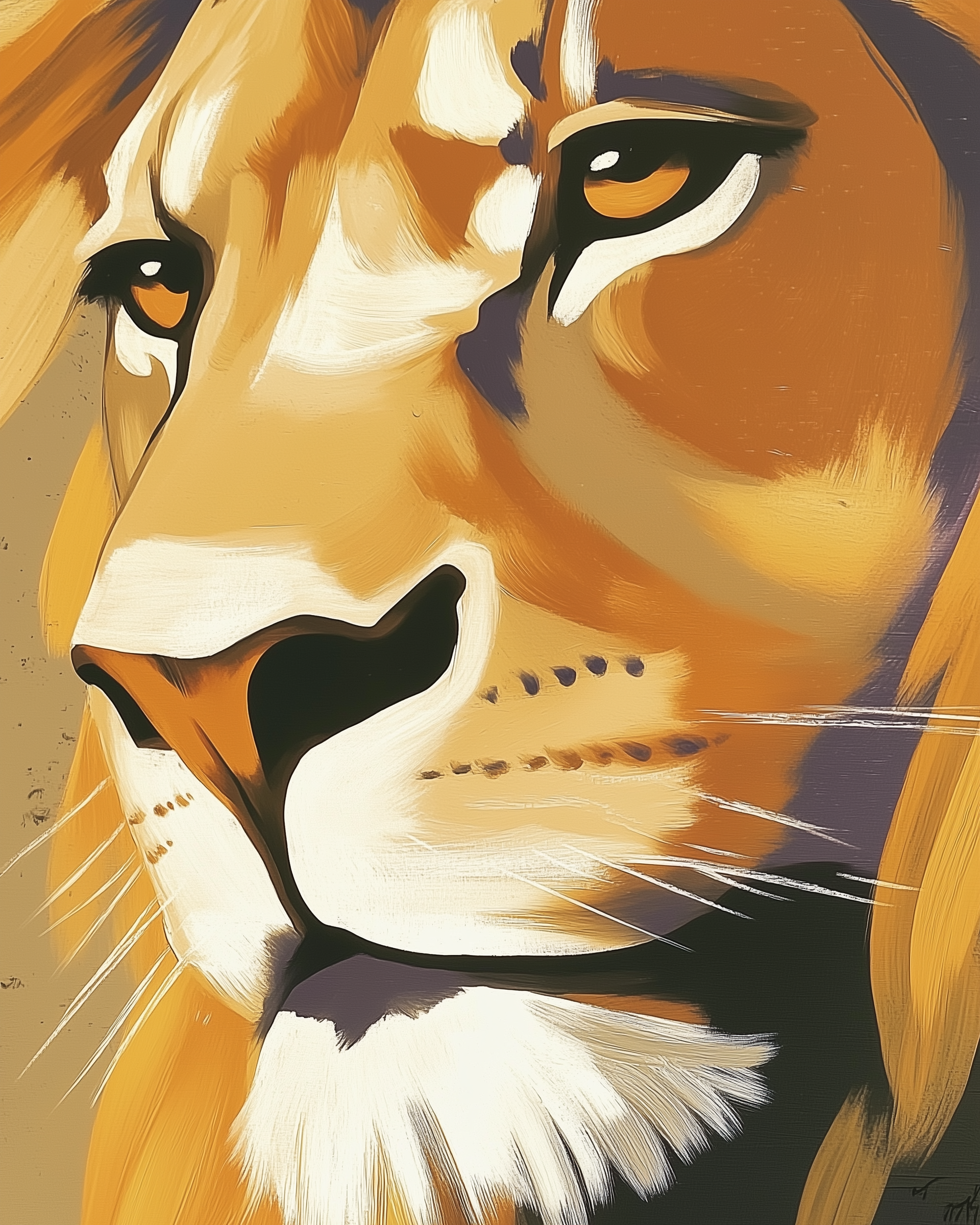 Stylized artwork of a lion’s face in warm gold and orange tones with strong brush strokes highlighting its expressive eyes and detailed whiskers

