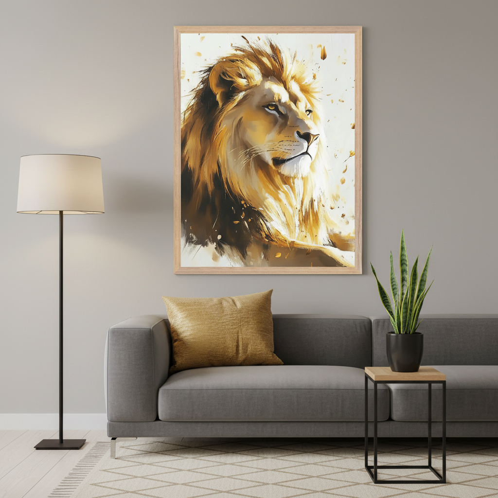 Modern living room with a gray sofa, golden pillow, floor lamp, and a small side table with a plant. A large framed expressive painting of a lion in golden and brown hues hangs above the sofa.