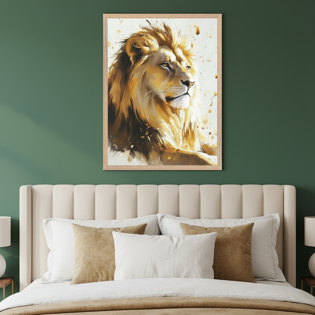 Modern bedroom with a beige upholstered bed. A framed painterly portrait of a golden lion looking right hangs on a green wall above the bed.