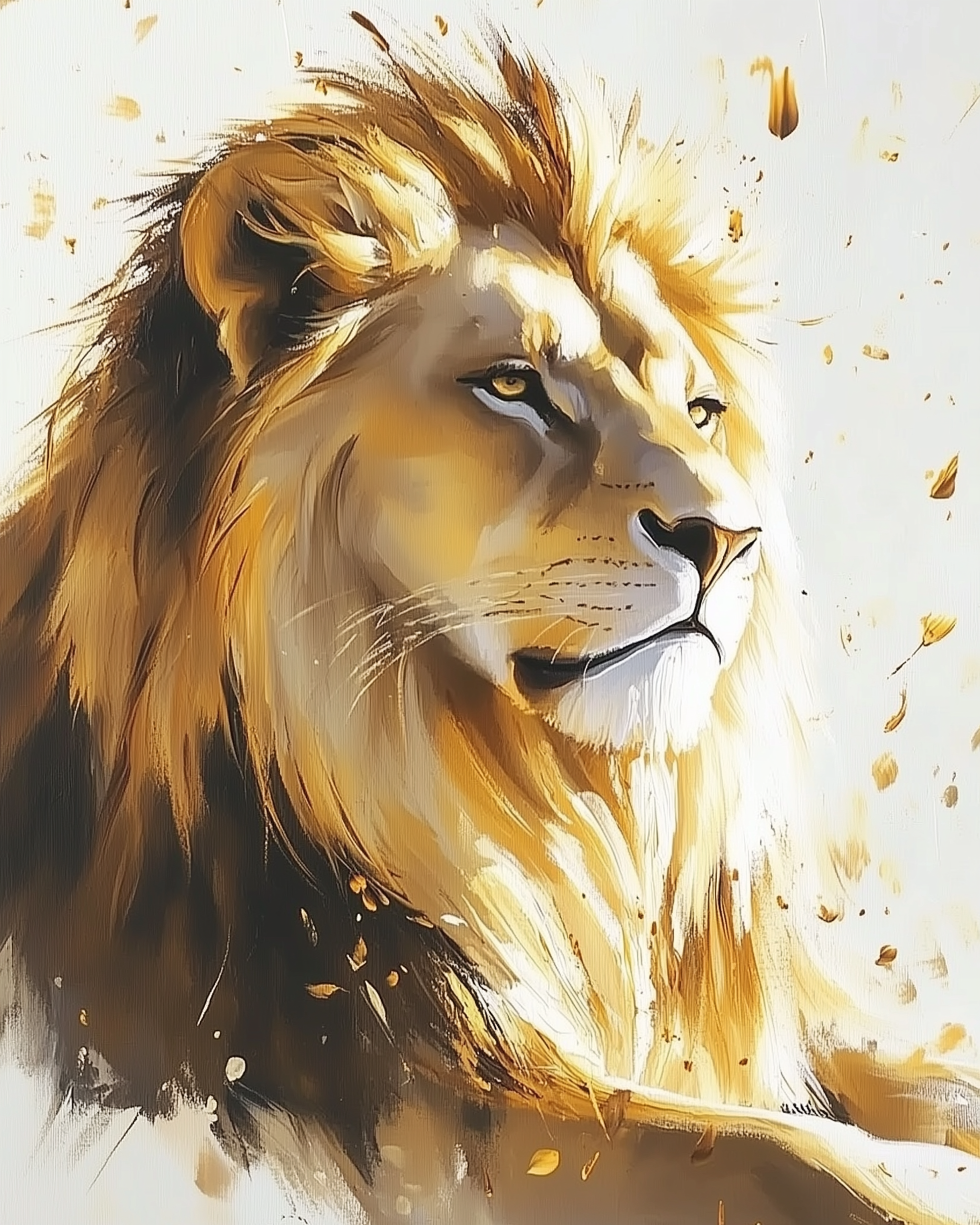 Dramatic painting of a regal lion looking upward with golden mane flowing and abstract splashes of gold around it on a white background
