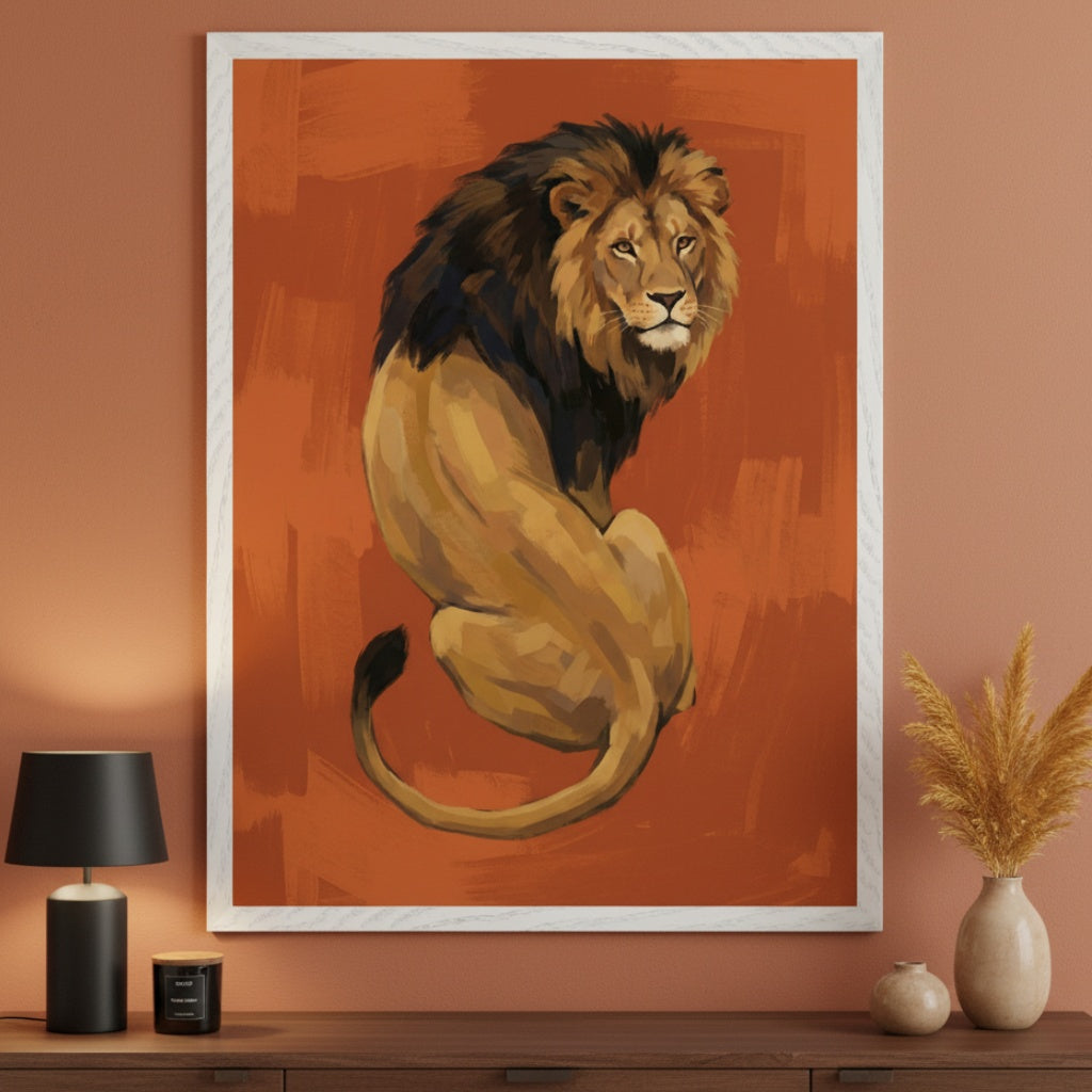 Modern living room with a dark wood console table. A large white-framed painting of a seated lion with a dark mane and golden body on an orange, brushed background hangs above it. A black lamp and decorative vases are on the table.