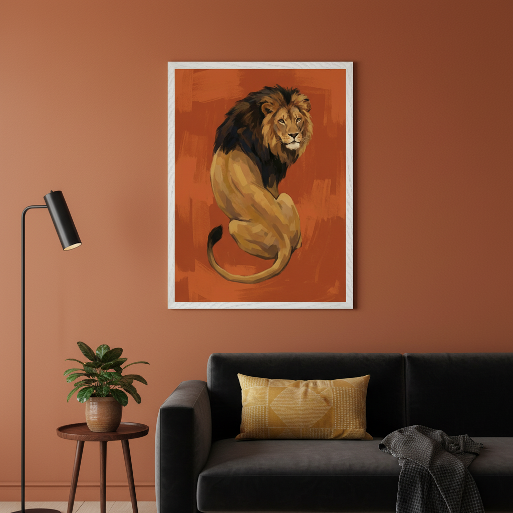 Modern living room with a dark sofa. A large framed painting of a sitting lion looking over its shoulder, rendered in a painterly style with an orange background, hangs centrally on the terracotta wall above the sofa.