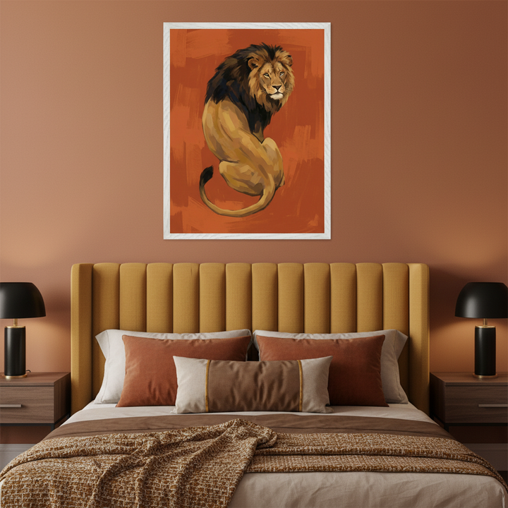 Modern bedroom with terracotta walls and a mustard yellow upholstered bed. A large framed painterly artwork of a seated lion on an orange background hangs centered above the bed. Two nightstands with black lamps flank the bed.