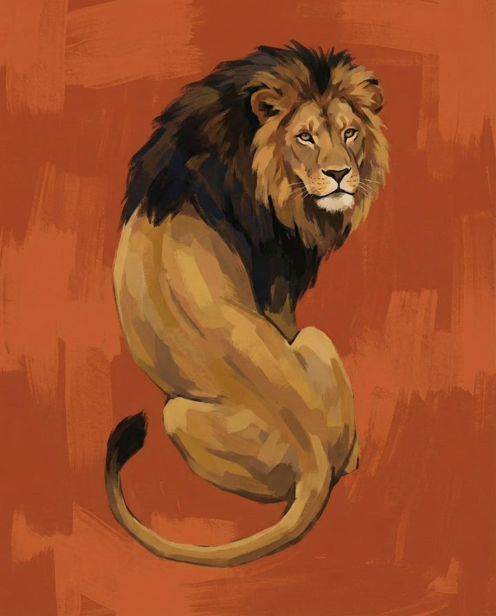 A regal male lion with a thick dark mane sits poised and alert against a textured reddish-orange background. The expression and stylized brushwork highlight the lion’s strength and authority.
