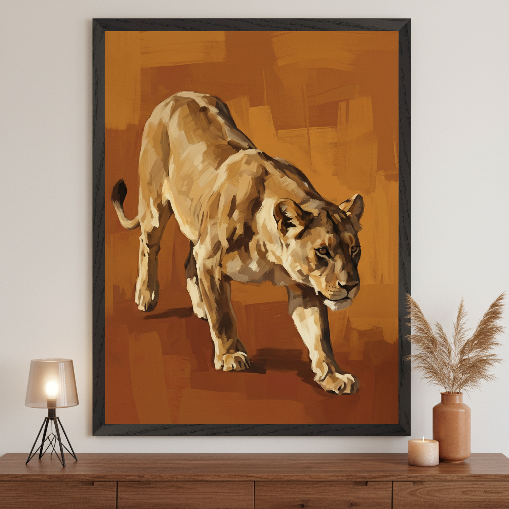 Modern interior with a dark wood dresser. A large, black-framed painting of a stalking lioness in a painterly style with warm orange and brown tones hangs centered above the dresser.