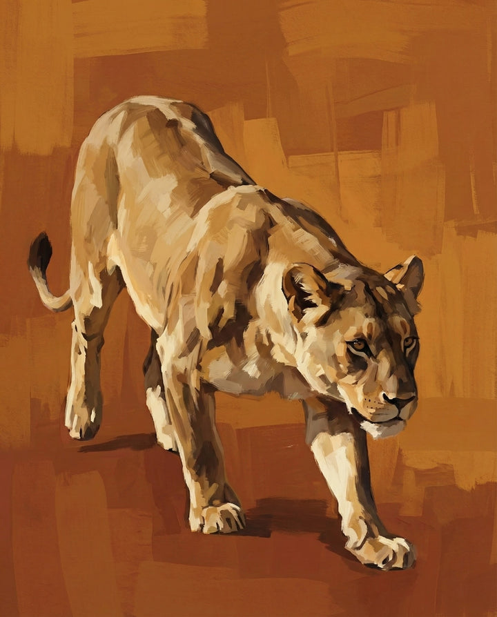 A powerful lioness is shown mid-stride, muscles tense and eyes focused, walking across a brush-textured warm brown background. The composition conveys stealth and intensity.
