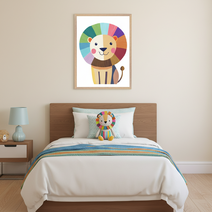 Kid's bedroom with a wooden bed, white bedding, and a colorful striped blanket. A light blue lamp is on a nightstand. A framed illustration of a colorful lion with a rainbow mane hangs above the bed. A matching lion plush toy sits on the bed.