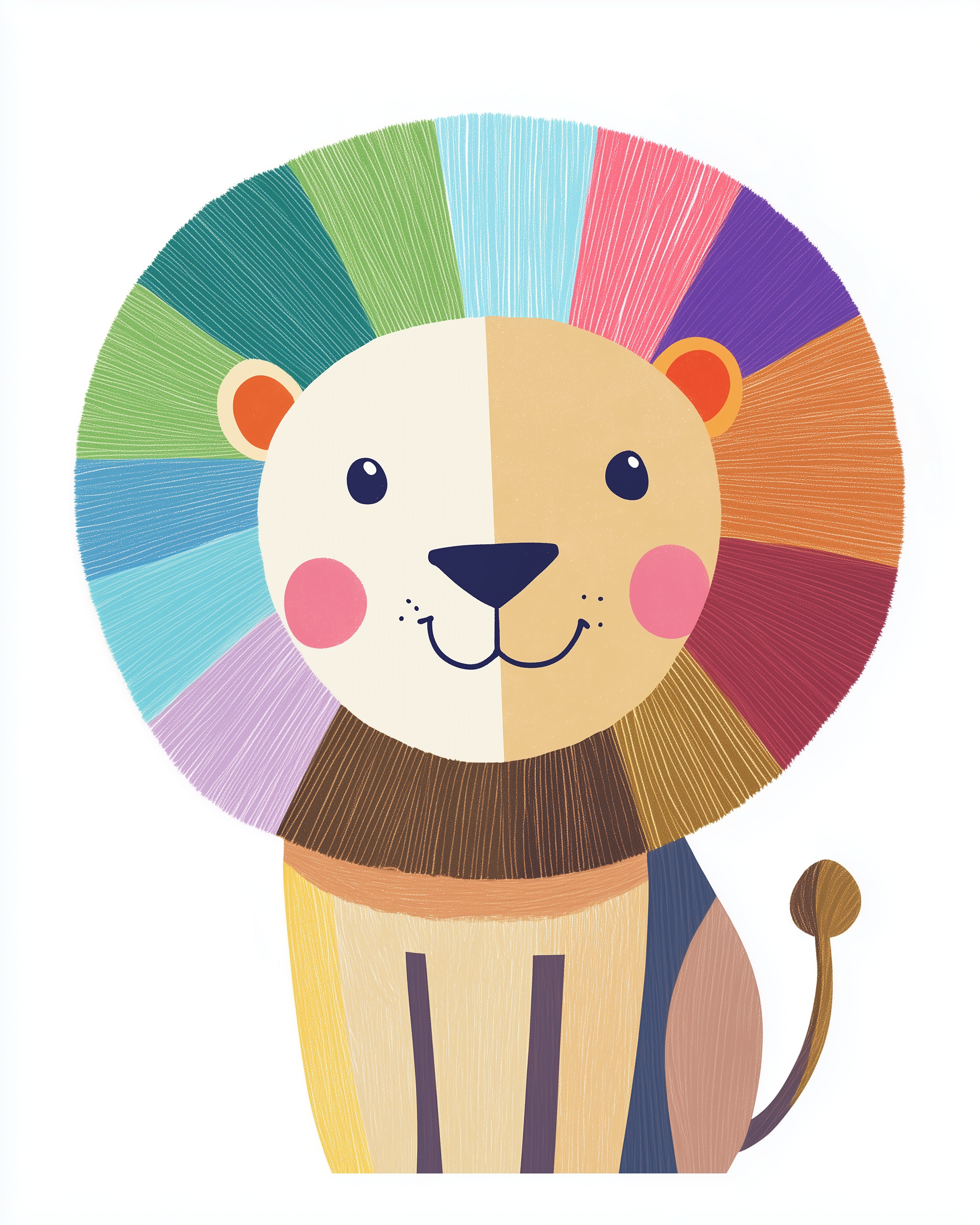 A playful illustration of a lion with a vibrant, multicolored mane featuring shades of green, blue, pink, and orange. The lion has a cheerful expression with rosy cheeks and a friendly smile, set against a white background.