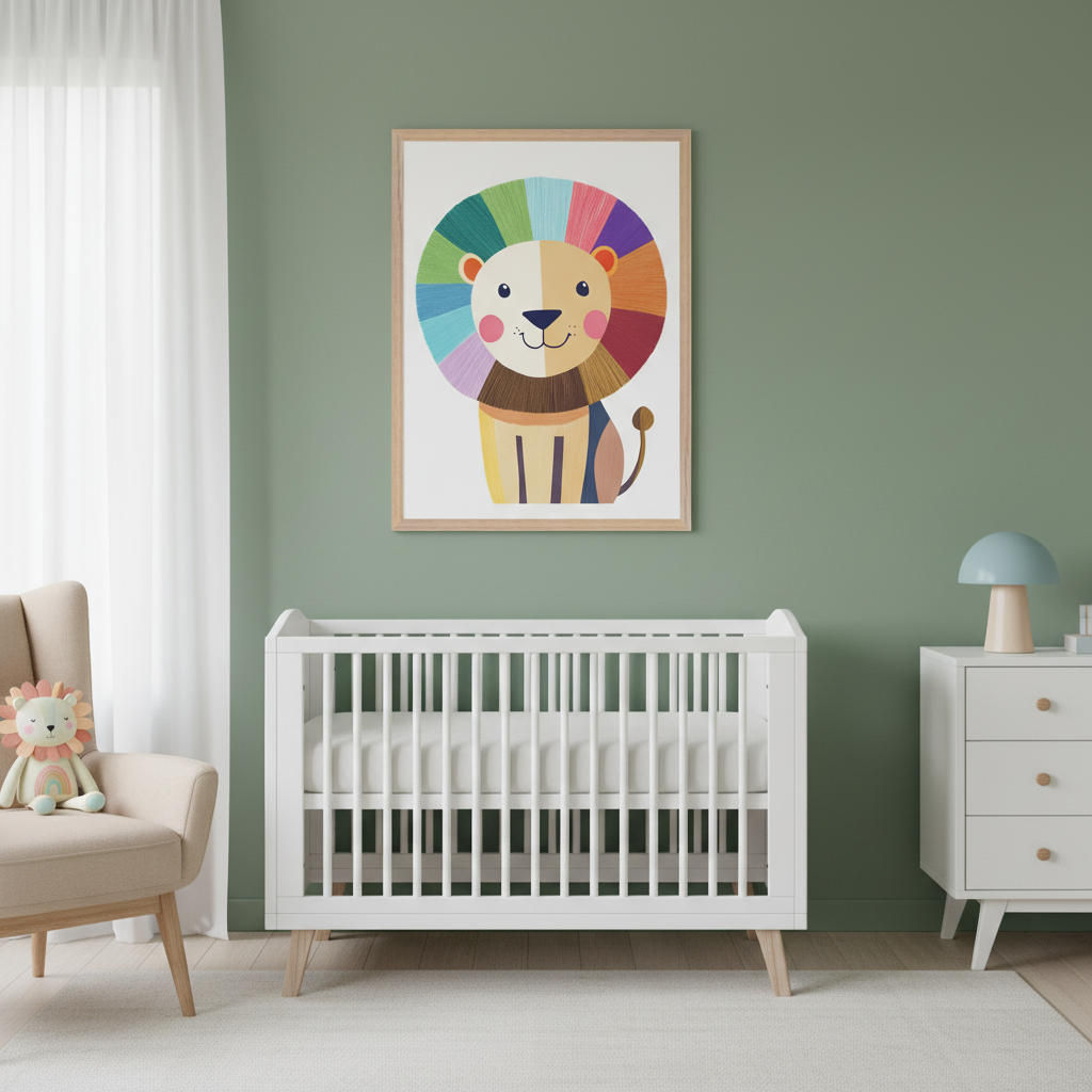 Modern nursery with a sage green wall. A white crib is centered, with a light beige armchair to the left and a white dresser to the right. Above the crib hangs a framed print of a cartoon lion with a rainbow-striped mane.