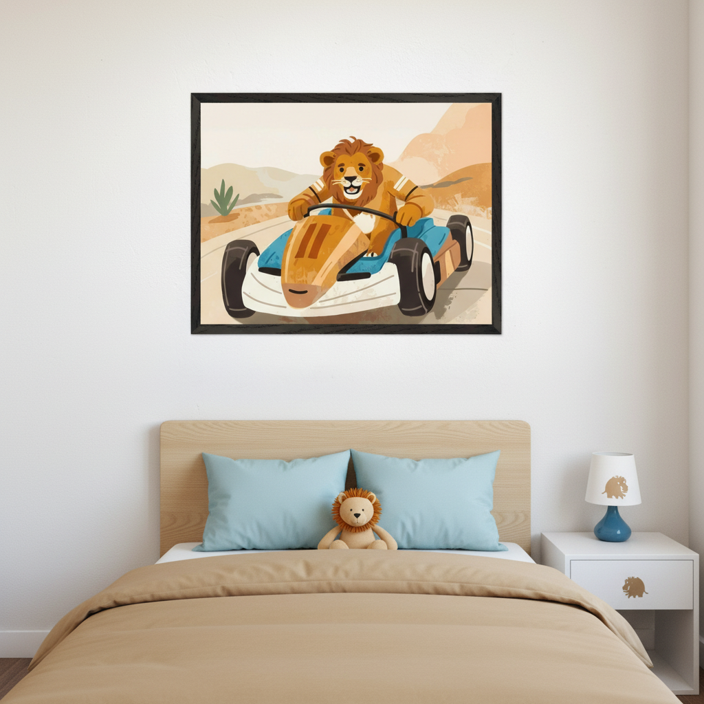 Kid's bedroom with a wooden bed and light blue pillows. A framed illustration of a happy lion driving a go-kart on a desert road hangs centered above the bed. A plush lion sits on the bed, and a lion-themed lamp is on the white nightstand.